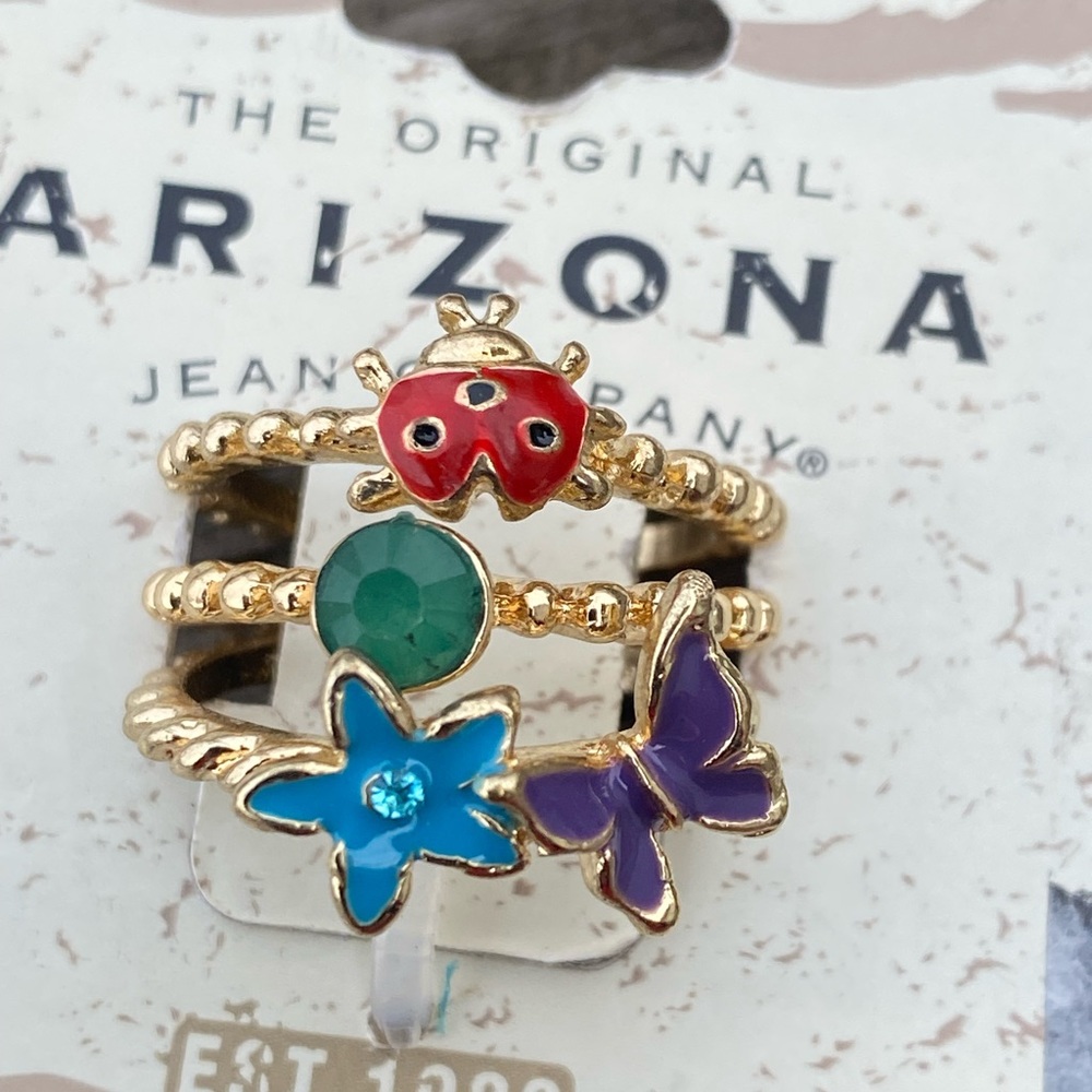 Ladybug flower butterfly 3 Stackable rings gold tone NWT Arizona Jean Co size 7